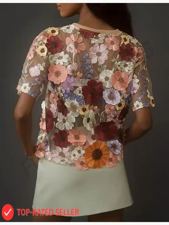 Sheer Lace Blouse 3D Embroidered Floral Short Sleeve Crew Neck Chic Top - Picture 3 of 6